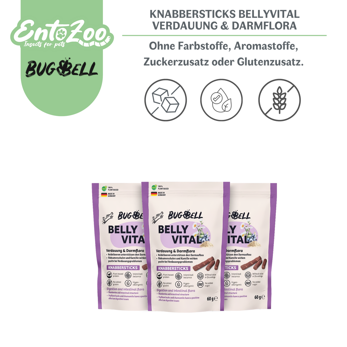 BugBell Dog Chew Sticks - BellyVital - Vegan - Digestion & Gut Flora 60g
