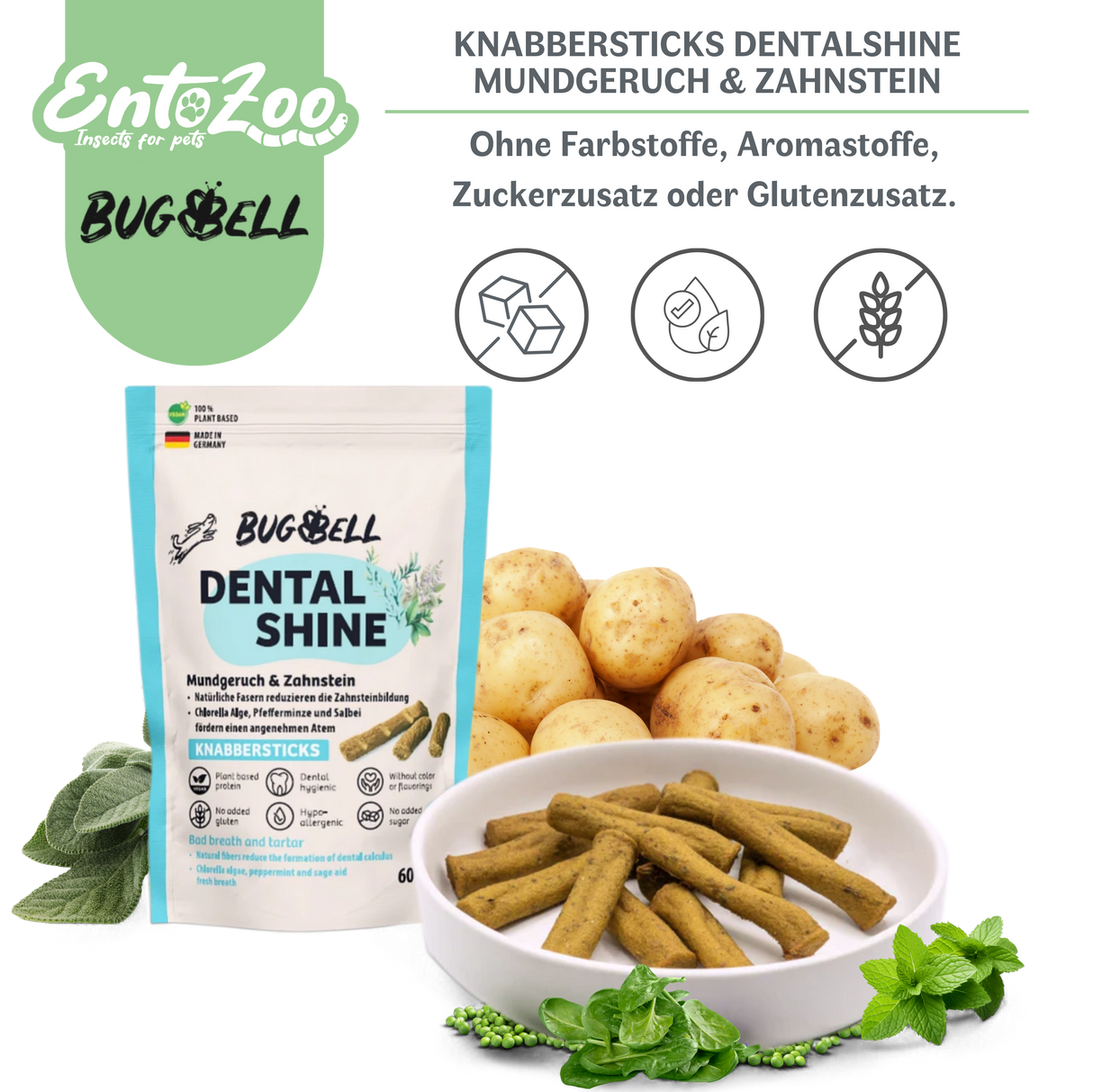BugBell Dog Chew Sticks - DentalShine - Bad Breath & Tartar - Vegan - Complementary Dog Food
