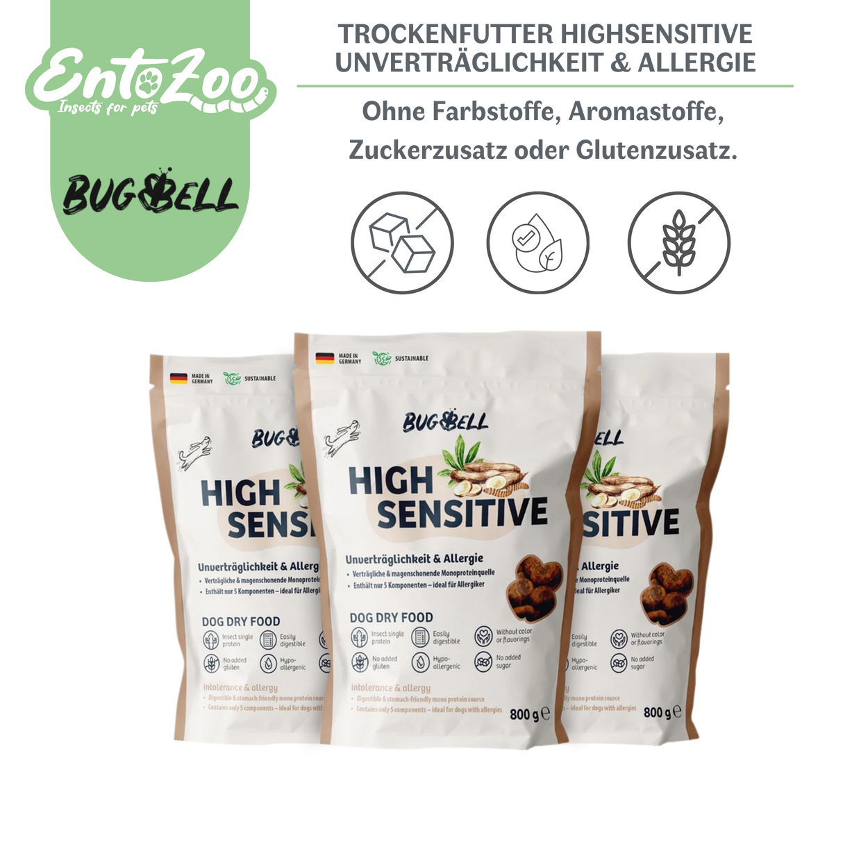 Bugbell - Trockenfutter für Hunde High Sensitive - Unverträglichkeit & Allergie 800g