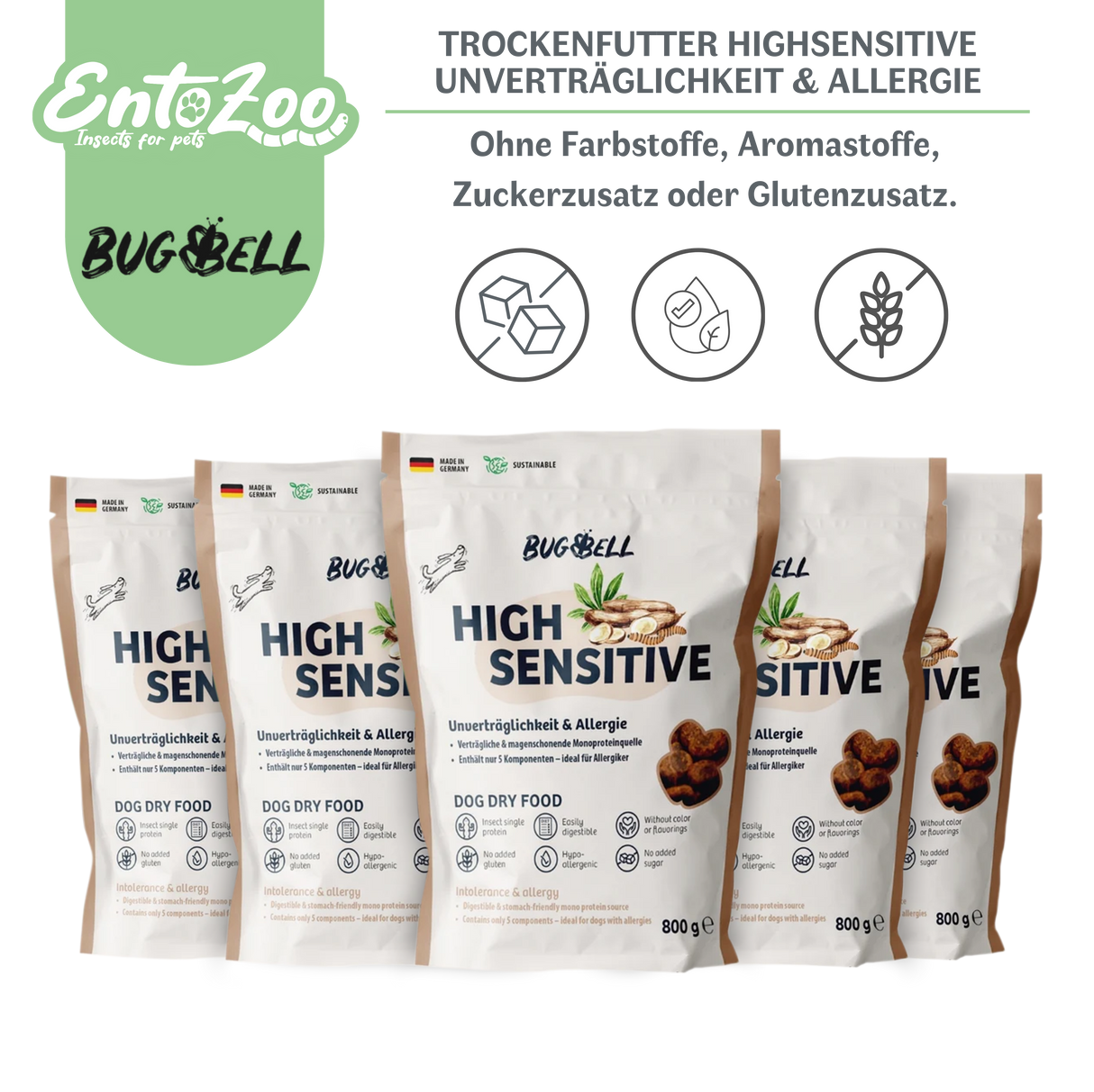 Bugbell - Trockenfutter für Hunde High Sensitive - Unverträglichkeit & Allergie 800g