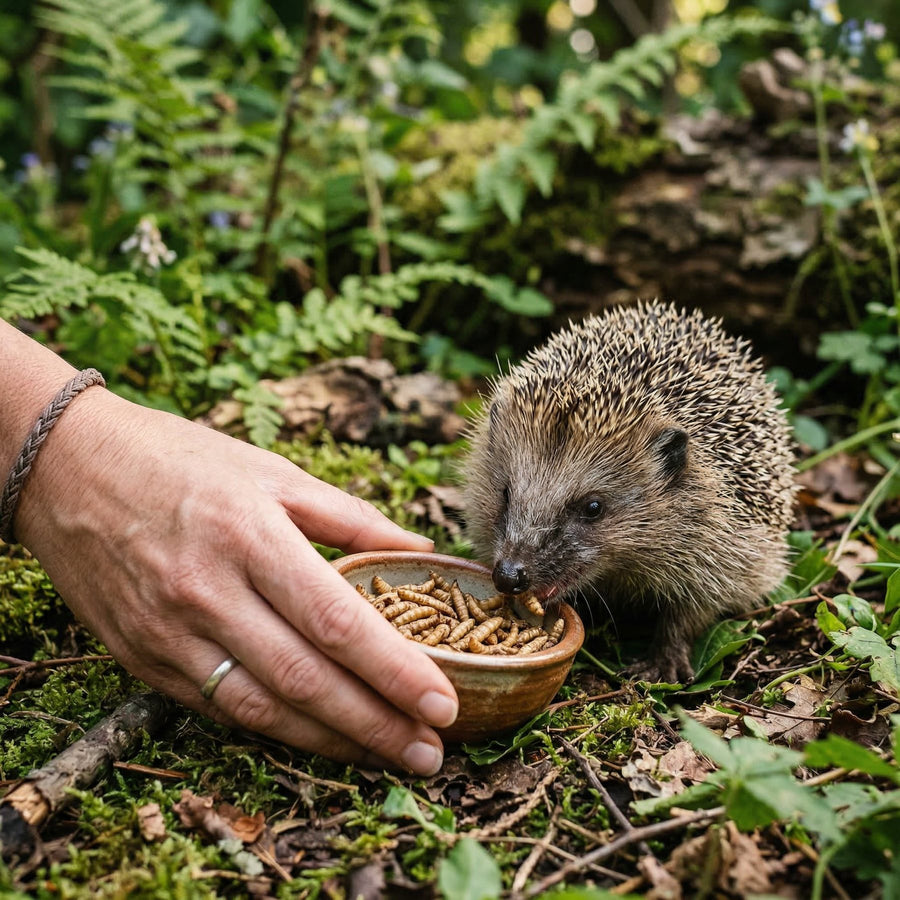 Igel frisst Insekten aus einer Schale im Garten