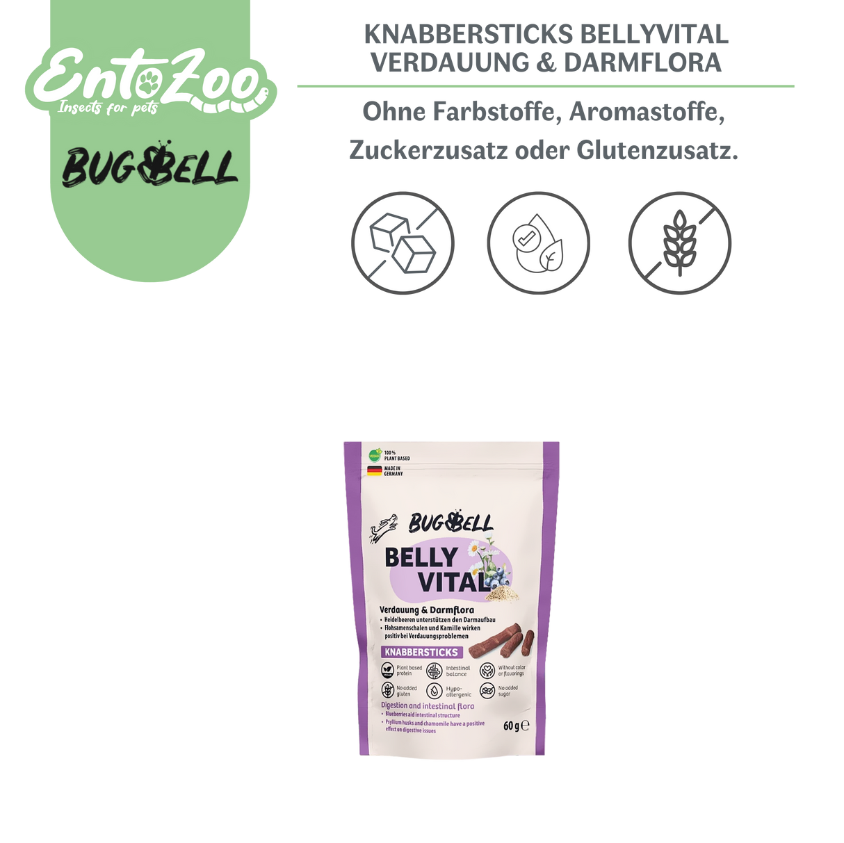 BugBell Dog Chew Sticks - BellyVital - Vegan - Digestion & Gut Flora 60g