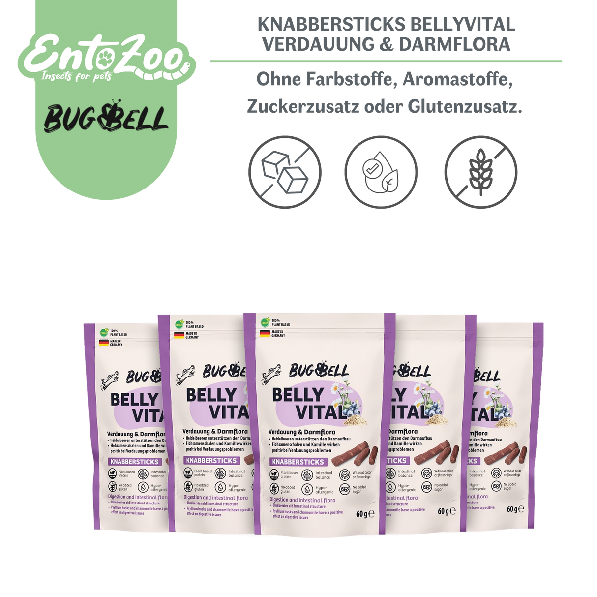 BugBell Dog Chew Sticks - BellyVital - Vegan - Digestion & Gut Flora 60g