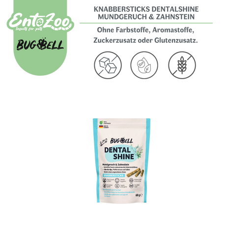 BugBell - Hunde Knabbersticks - DentalShine - Mundgeruch & Zahnstein - Vegan - Ergänzungsfuttermittel für Hunde, Tiernahrung