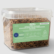 Transparenter Kunststoffbehälter mit 1 kg getrocknetem Mix aus Schwarzen Soldatenfliegenlarven und Mehlwürmern im Verhältnis 50:50. Schonend getrocknetes Premium-Einzelfuttermittel für Wildvögel, Hühner, Reptilien, Fische und andere Tiere. Made in Europe, ohne Zusatzstoffe.