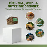 Grafische Produktdarstellung eines 50:50 Mixes aus getrockneten Schwarzen Soldatenfliegenlarven und Mehlwürmern. Geeignet als hochwertiges Einzelfuttermittel für Heim-, Wild- und Nutztiere wie Hühner, Wildvögel, Reptilien, Fische und Igel. Vielseitig einsetzbar, schonend getrocknet, ohne Zusatzstoffe.