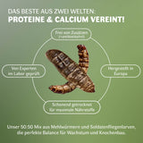 nfografik mit getrockneten Schwarzen Soldatenfliegenlarven und Mehlwürmern im 50:50 Mix. Darstellung der Vorteile: hoher Proteingehalt, natürlicher Calciumanteil, frei von Zusatzstoffen und Antibiotika, schonend getrocknet für maximale Nährstoffe, laborgeprüft und hergestellt in Europa. Hochwertiges Einzelfuttermittel zur Unterstützung von Wachstum und Knochenbau bei verschiedenen Tierarten.