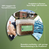 Infografik zur nachhaltigen Herstellung von Insektenfutter in Bremen. Dargestellt sind regionale Produktion mit kurzen Wegen, hohes Engagement für Tierwohl und Umwelt sowie eine sehr geringe Wasserbelastung in der Produktion. Im Mittelpunkt steht ein transparenter Behälter mit getrockneten Schwarzen Soldatenfliegenlarven und Mehlwürmern von EntoZoo als hochwertiges, kontrolliert hergestelltes Einzelfuttermittel.
