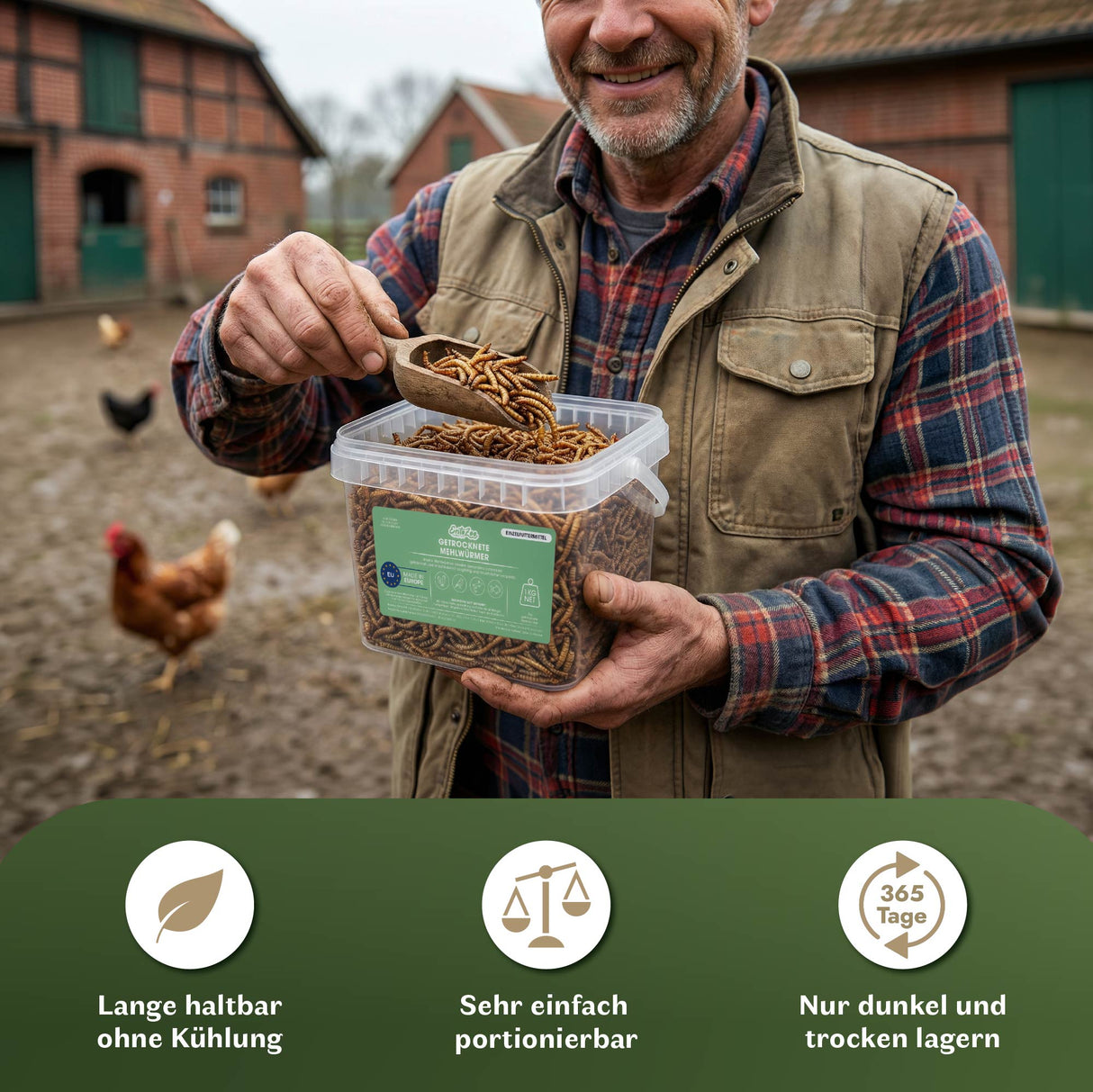 Anwendungsbild eines Landwirts bei der Fütterung von Hühnern mit getrockneten Mehlwürmern. Die Mehlwürmer werden aus einem transparenten EntoZoo Behälter mit einer Holzschaufel portioniert. Das Einzelfuttermittel ist ohne Kühlung lange haltbar, sehr einfach zu dosieren und sollte dunkel sowie trocken gelagert werden.