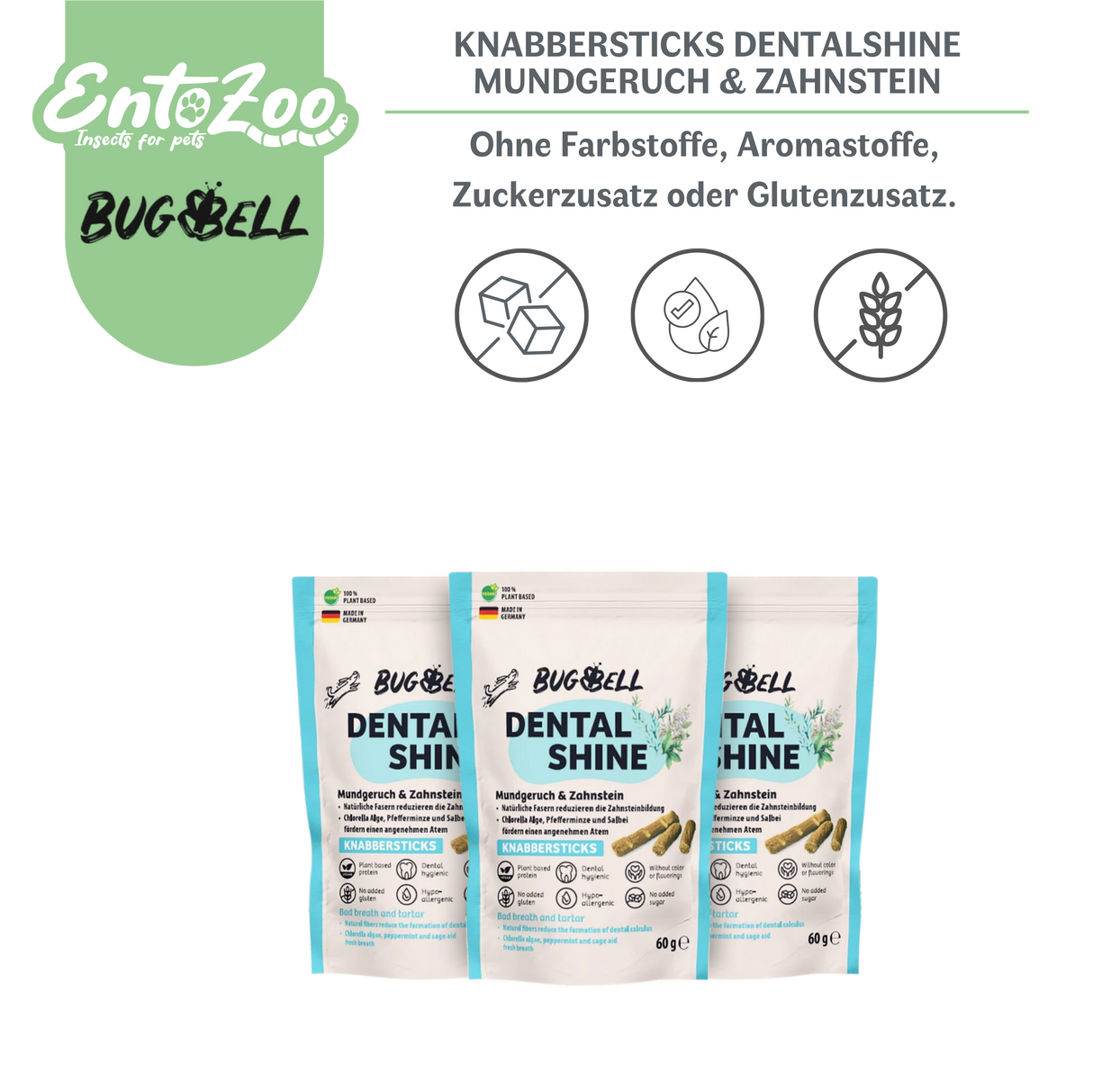 BugBell Dog Chew Sticks - DentalShine - Bad Breath & Tartar - Vegan - Complementary Dog Food