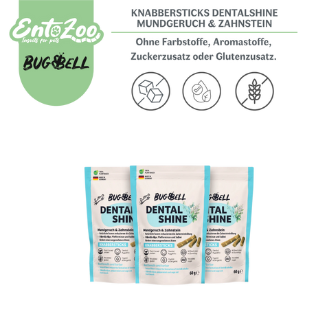 BugBell - Hunde Knabbersticks - DentalShine - Mundgeruch & Zahnstein - Vegan - Ergänzungsfuttermittel für Hunde, Tiernahrung