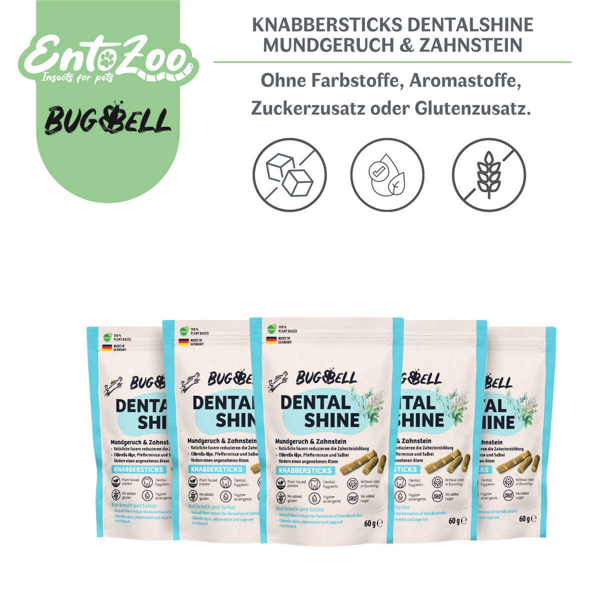 BugBell Dog Chew Sticks - DentalShine - Bad Breath & Tartar - Vegan - Complementary Dog Food
