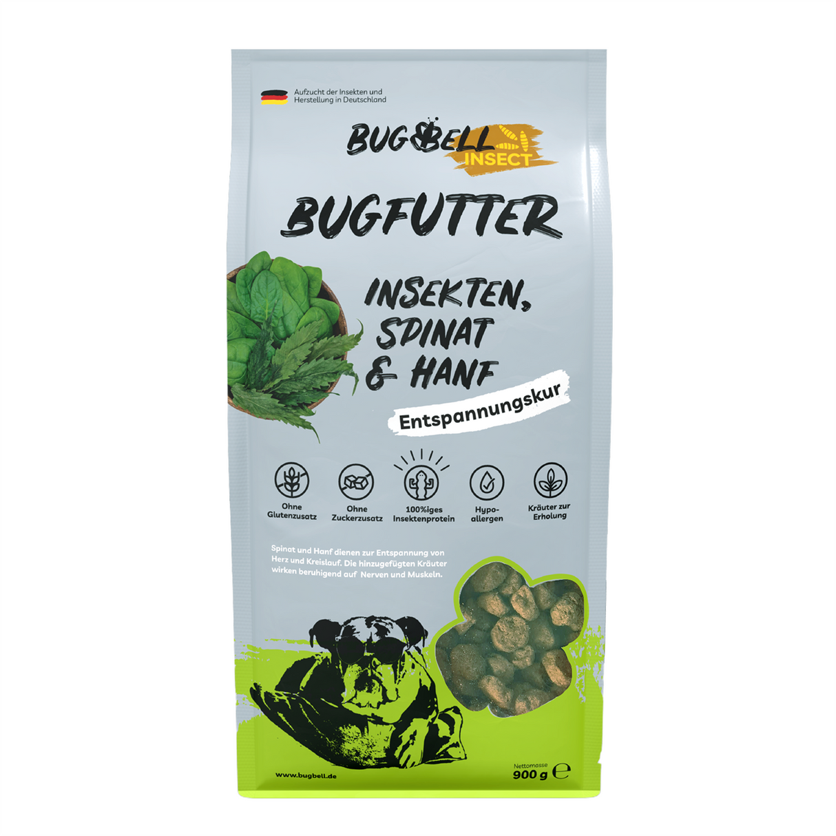 BugBell - Trockenfutter - Entspannung und Beruhigung - BugFutter Spinat & Hanf Entspannungskur 900g