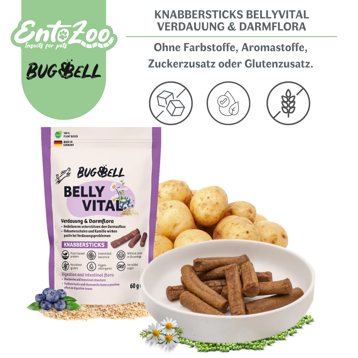 BugBell Dog Chew Sticks - BellyVital - Vegan - Digestion & Gut Flora 60g