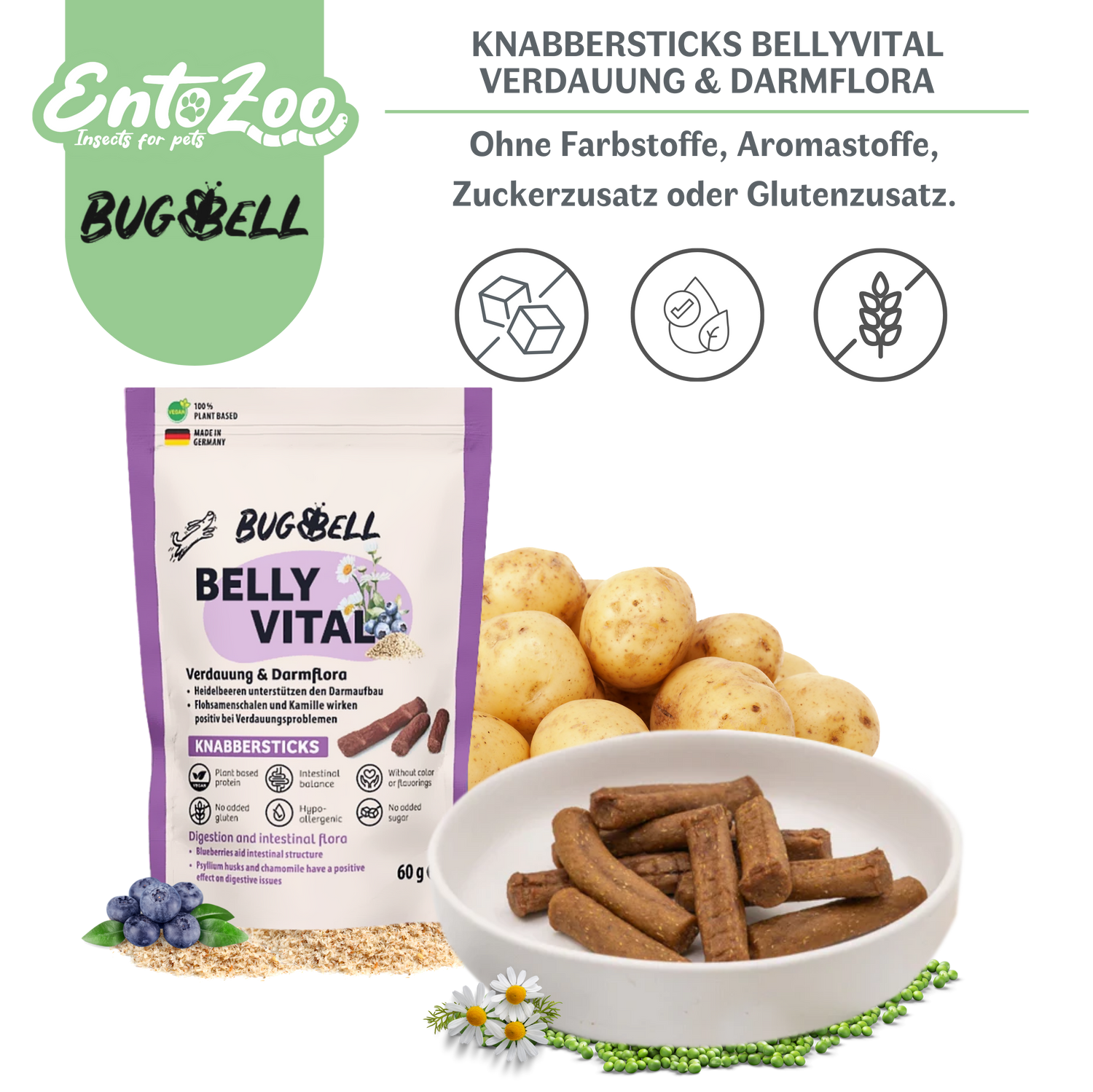 BugBell Dog Chew Sticks - BellyVital - Vegan - Digestion & Gut Flora 60g