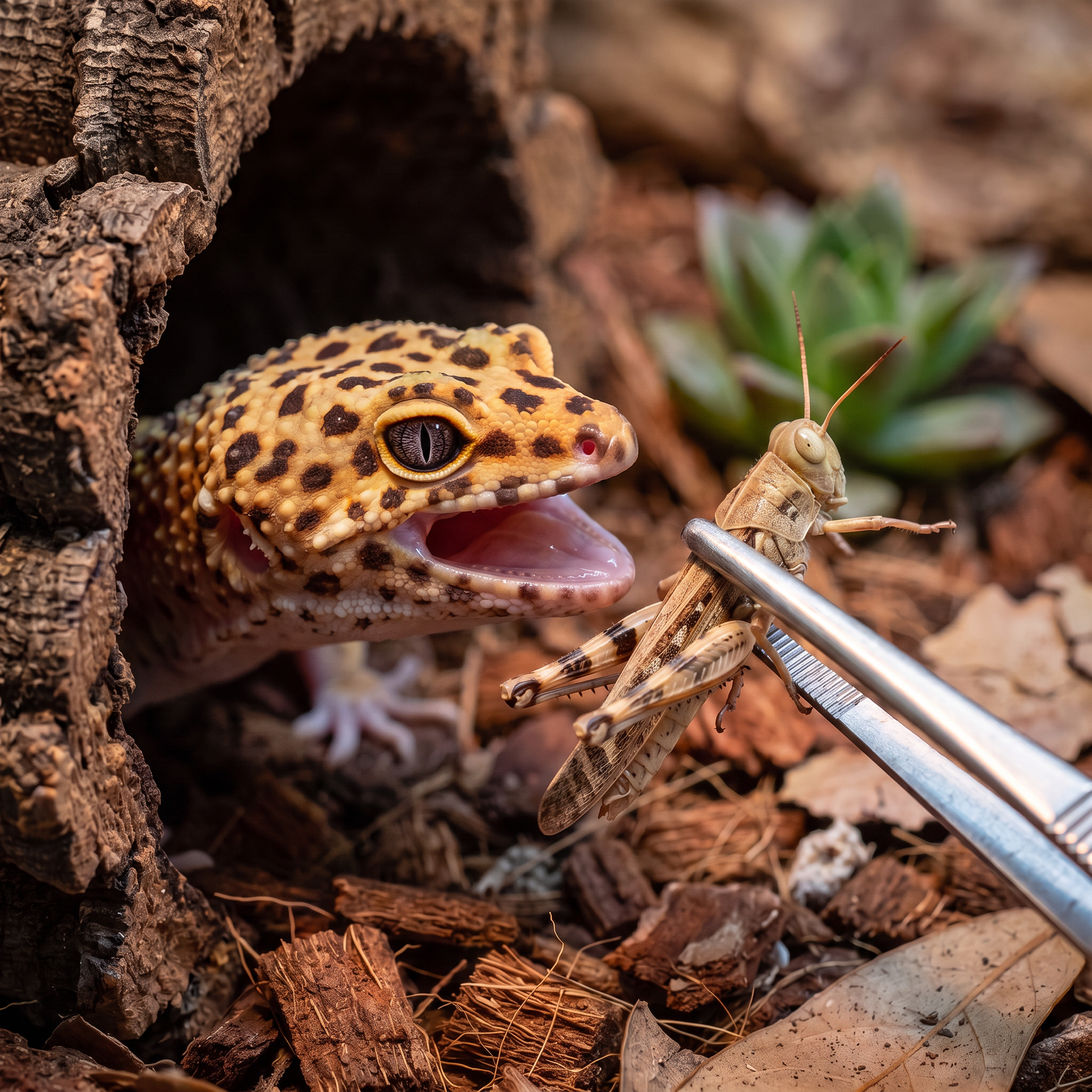 Reptil erbeutet ein lebendes Futterinsekt