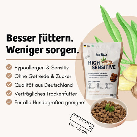 Bugbell - Trockenfutter für Hunde High Sensitive - Unverträglichkeit & Allergie 800g