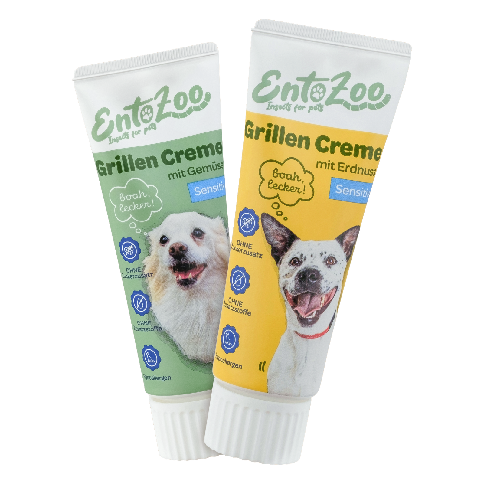 EntoZoo Grillen Creme mit Erdnuss in der 75-g-Tube vor beigem Studiohintergrund