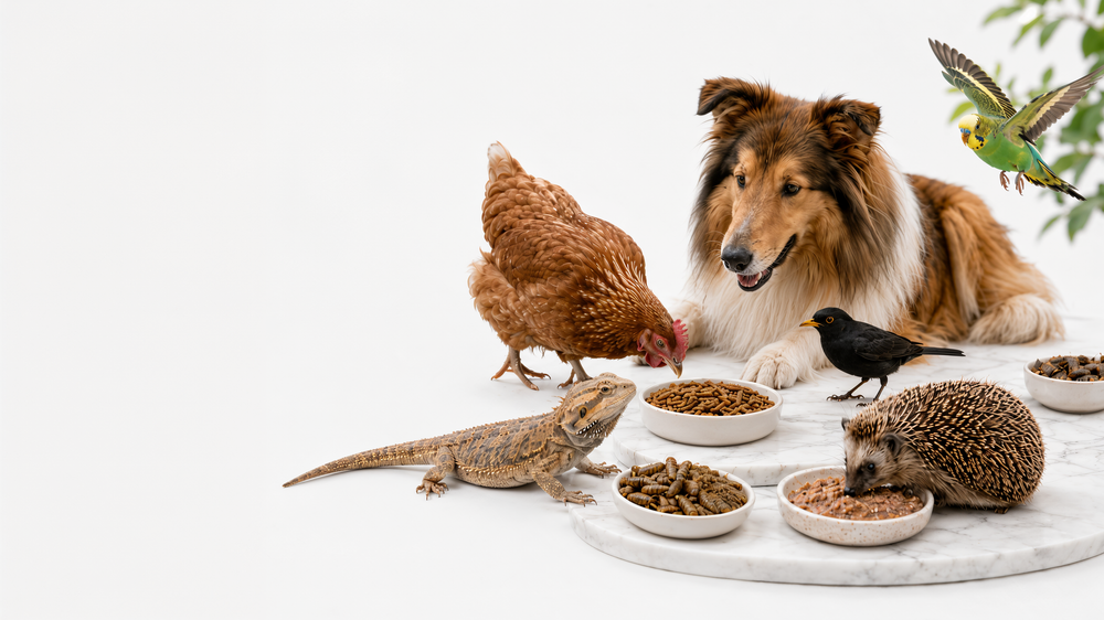 Hund, Huhn, Wellensittich, Amsel, Bartagame und Igel rund um Schalen mit Futterinsekten