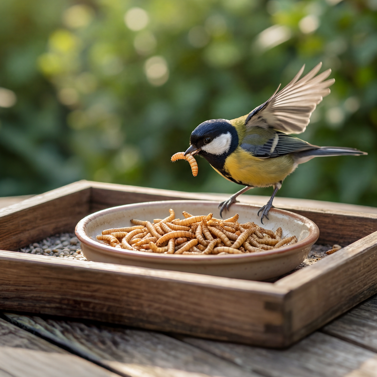 Vogel frisst einen Mehlwurm