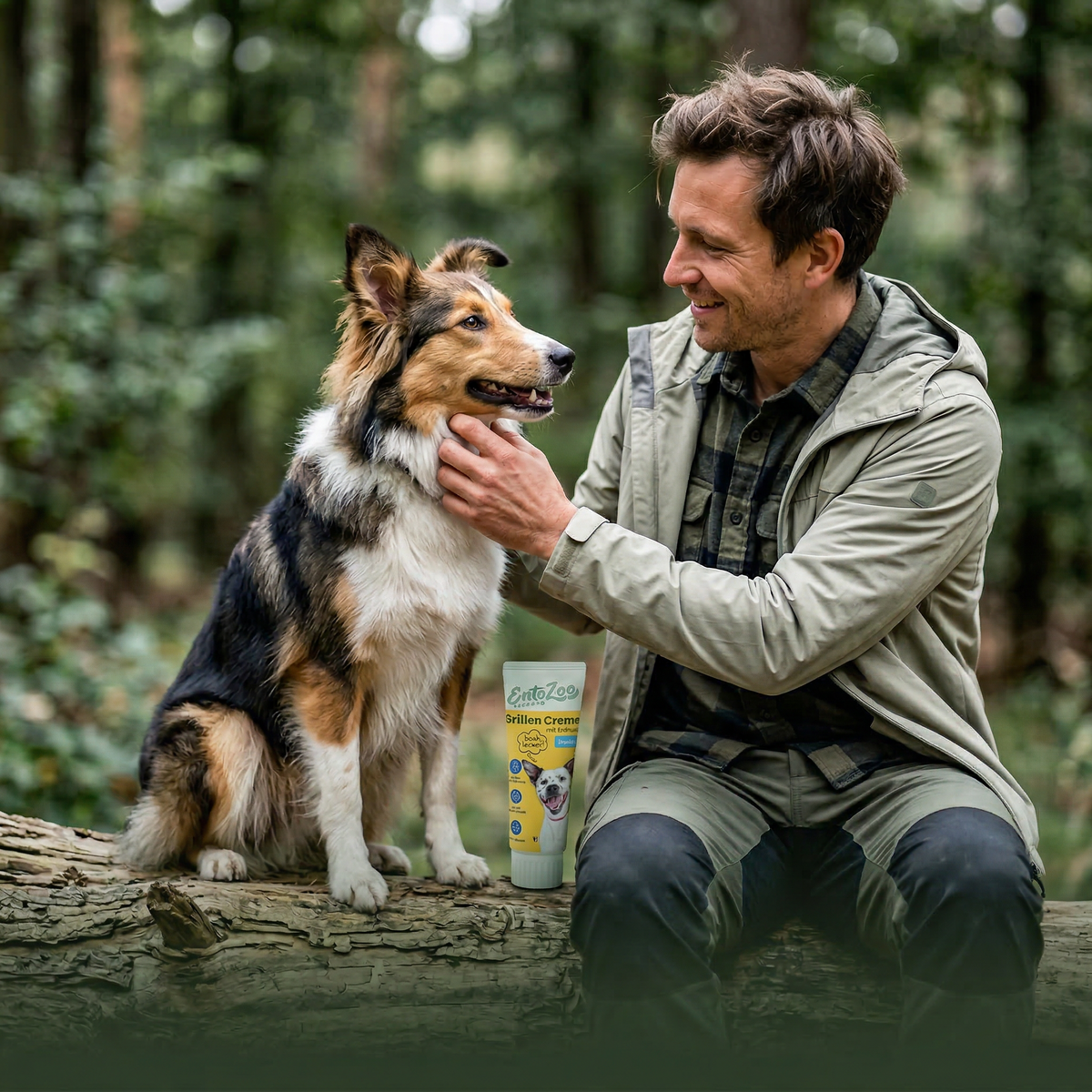 Hund steht am späten Nachmittag auf einer Wiese