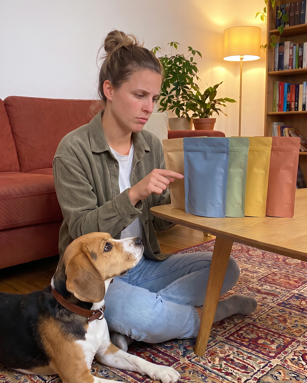 Halterin sitzt ratlos vor fünf Snack-Tüten, ihr Beagle liegt daneben