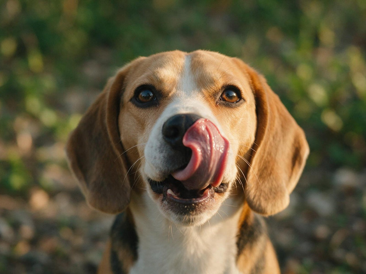 Beagle leckt sich mit der Zunge über die Schnauze