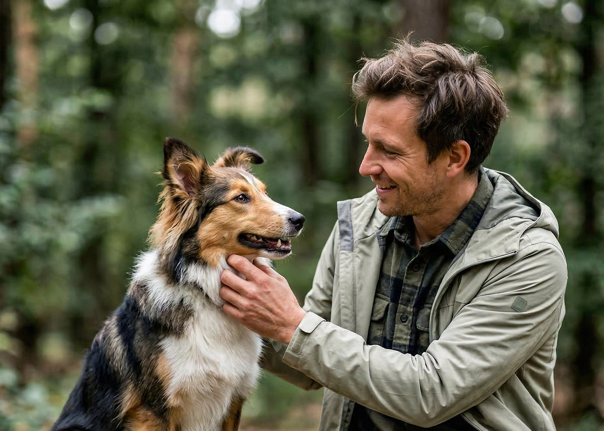 Hundehalter streichelt seinen Hund auf einem Baumstamm im Wald